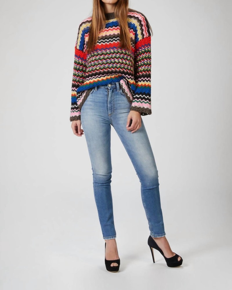 Front of a model wearing a size L Rebeka Sweater in Multicolor in Multicolor by STINE GOYA. | dia_product_style_image_id:343635